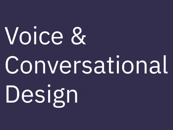 Dark blue background with white words "voice and conversational design"