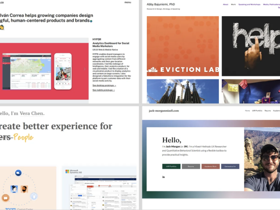 4 images in 2 by 2 alignment showing examples of portfolio websites