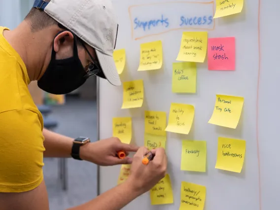 A man writing on a sticky note on a whiteboard